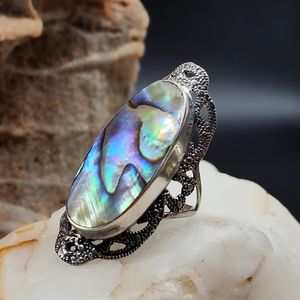 Sterling 925 Silver Ring Natural Abalone Mother of Pearl Stone Mermaid Ring